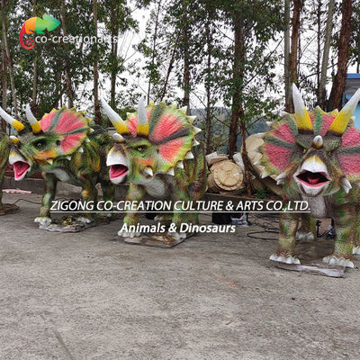 Trio de Tricératops Animatroniques Réalistes : Collerettes Vibrantes et Rugissements dans un Cadre Naturel